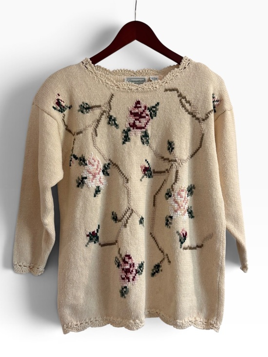 Shenanigans Sweaters - Vintage Granny Core Floral Sweater Cream Embroidered Cottagecore Knit size:M